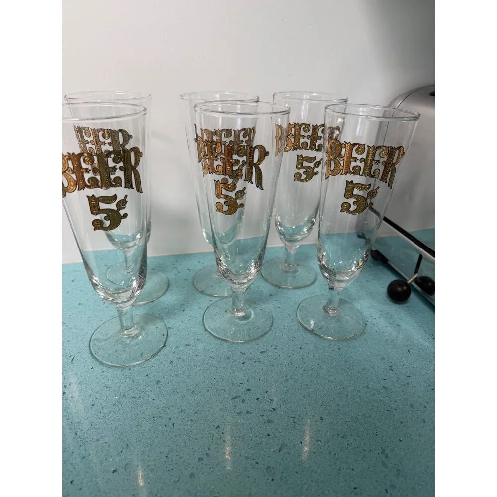 Culver Set of 6  22-karat Gold Footed Pilsner Glasses Vintage Collectible